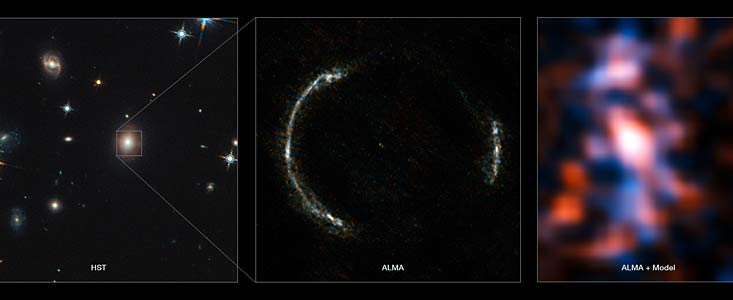 ALMA’s Long Baseline Campaign has produced a spectacular image of a distant galaxy being gravitationally lensed.  Image via NASA/ALMA