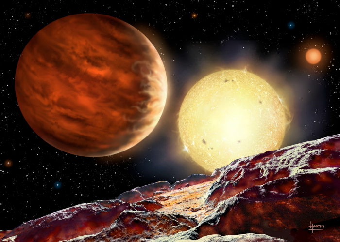 Artist impression of WASP-142b, which orbits extremely close to its host star. David A. Hardy.Â  http://www.astroart.org/