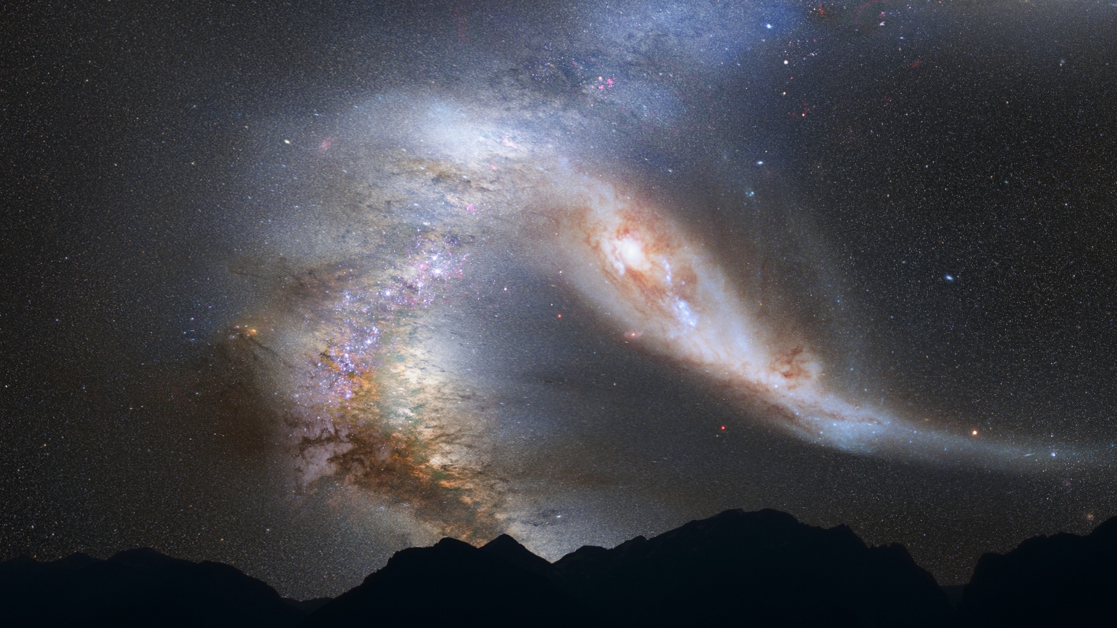 This is an artist's view of night sky from a hypothetical planet within a young Milky Way-like galaxy 10 billion years ago, the sky are ablaze with star birth. Pink clouds of gas harbor newborn stars, and bluish-white, young star clusters litter the landscape. Image credit: NASA/ESA/Z. Levay (STScI)