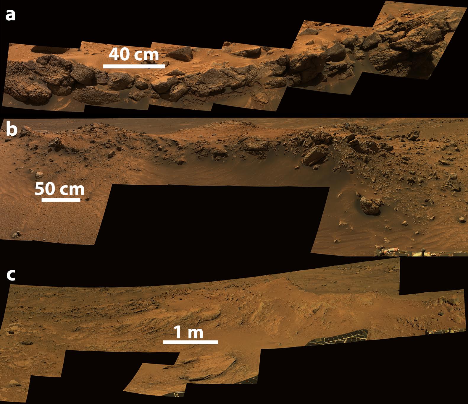 The three Cumberland Ridge outcrops. Credit: D. Savransky and J. Bell (Cornell) / JPL / NASA, annotated by S. Cole