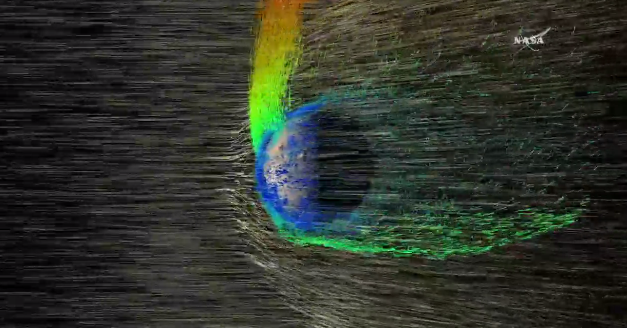 Ions being blown away from Mars atmosphere.