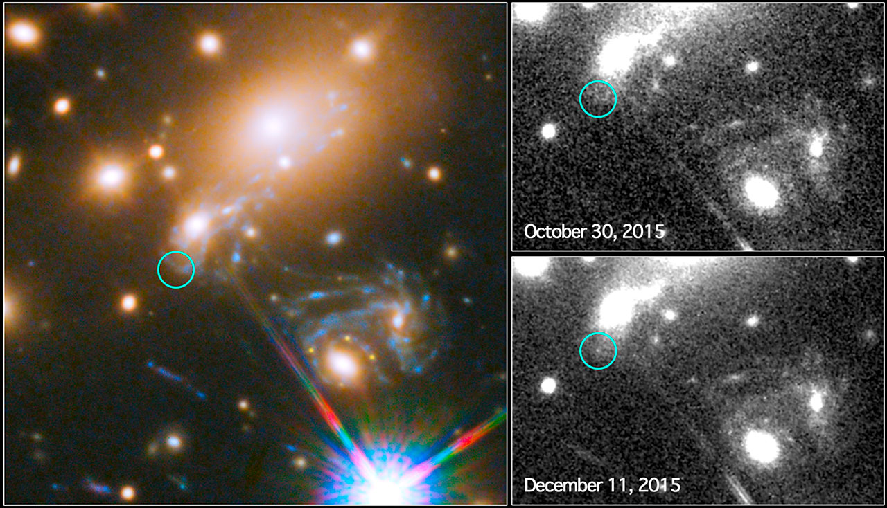 The image of the first-ever predicted supernova explosion in the lower right. Image credit: NASA/ESA/Hubble