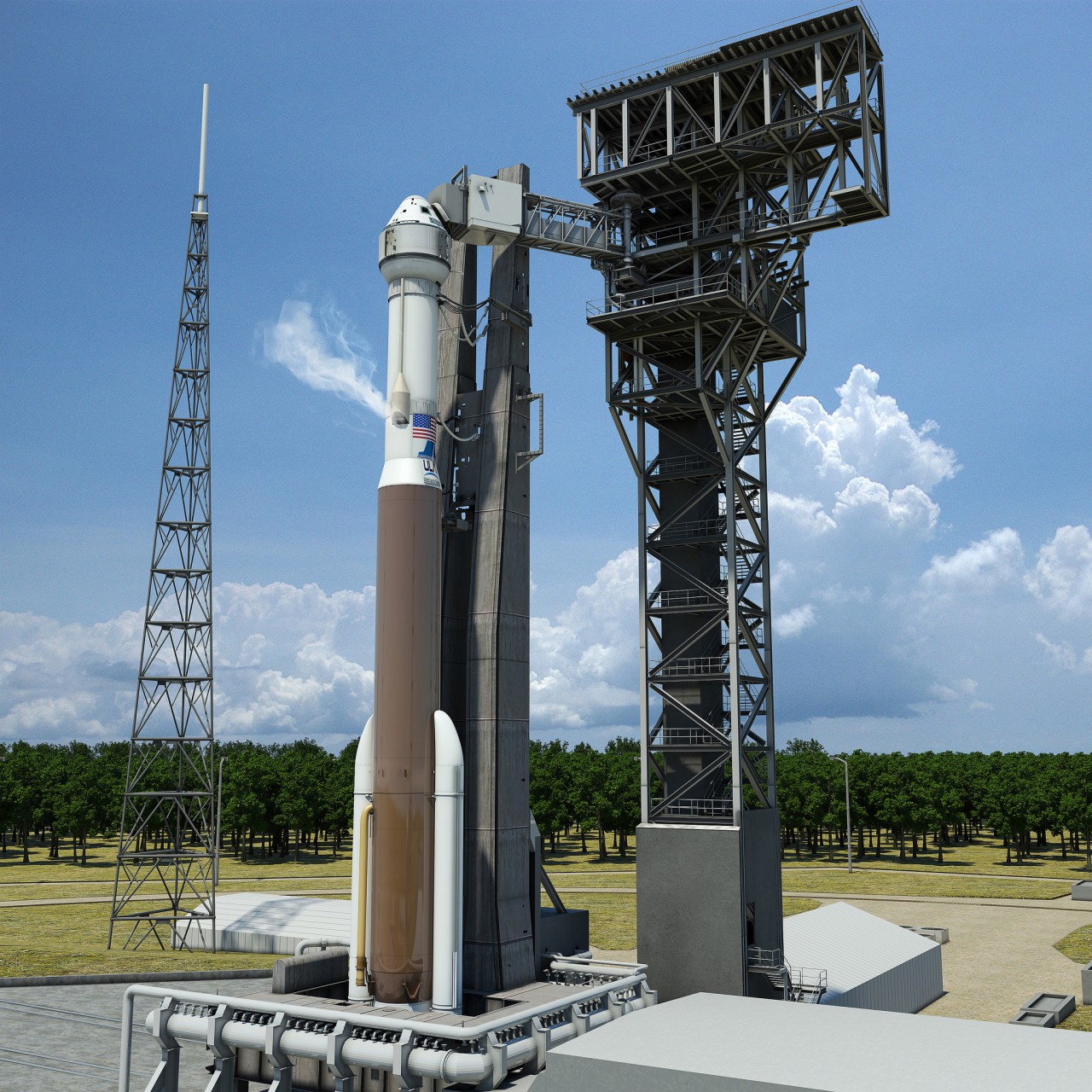 An artist’s rendition of the CST-100 Starliner at Launch Complex 41. Image Credit: Boeing
