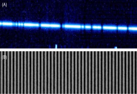 Images obtained using the new calibration technique with the Keck II telescope. Above is the infrared spectral signature of a cool star. Below is the infrared spectrum through the light frequency comb, showing the reference marks that can be used to measure slight shifts in the star's light.