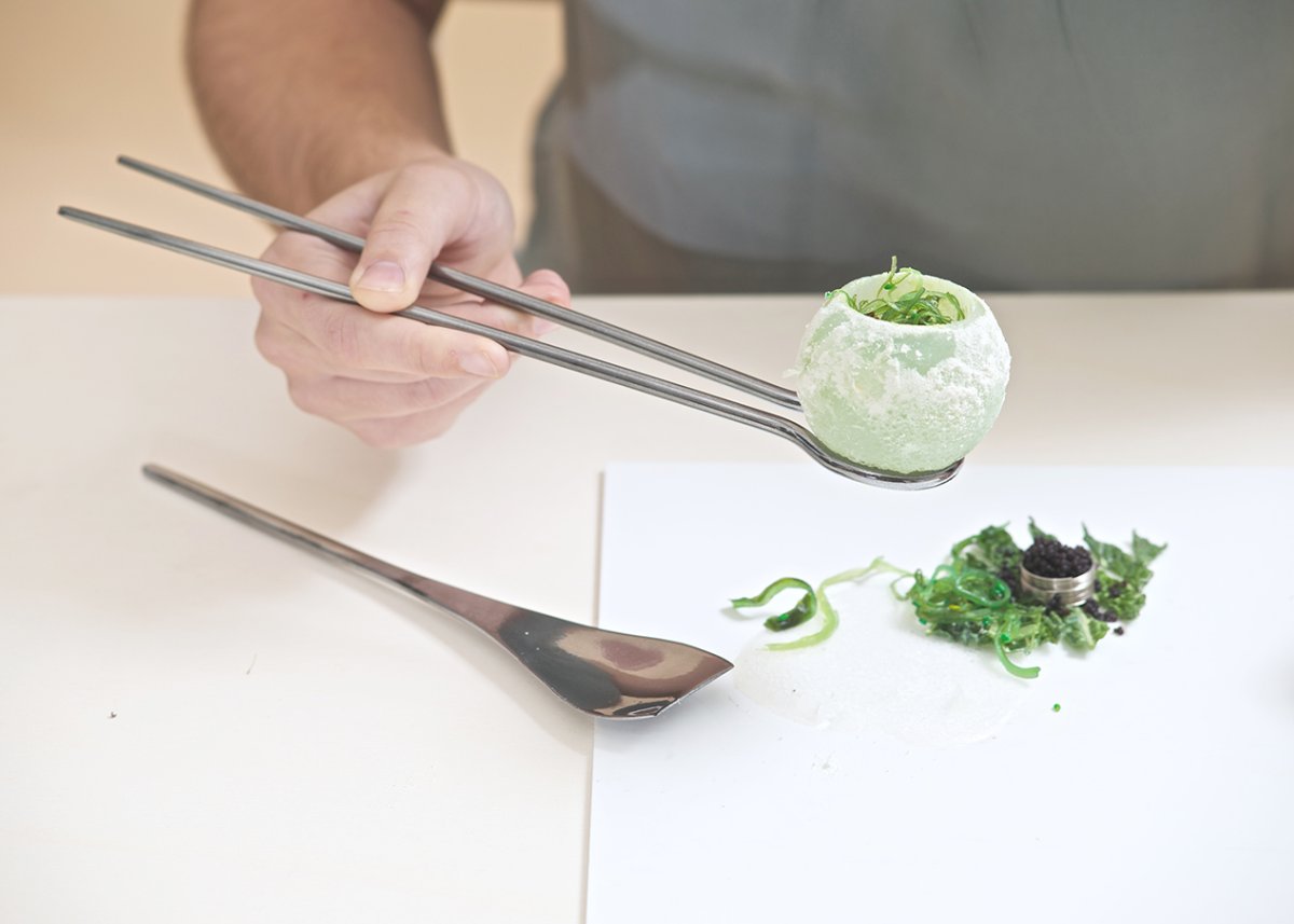 Eating gourmet fungi from an agar (seaweed gelatin substitute) cup, and doing so stylishly with designer cutlery. Credit: livinstudio.com