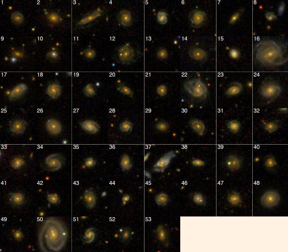 mages of super spiral galaxies. Examples with peculiar morphology: (1) multi-arm spiral, (8) asymmetric two-arm spiral, (21) ring galaxy, (23) possible tidal arm, (33) asymmetric disk, (34) possible secondary bulge, (53) partial arms or shells. Image credit: SDSS.