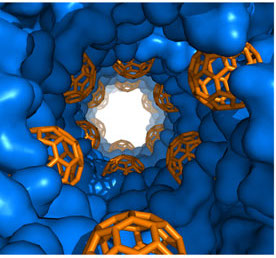 Representation of the protein-mediated, buckyball-laced "crystal" formed in the experiment. Credit: Nature Communications