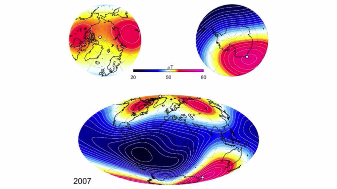 The red regions highlight where the field got stronger, and the blue regions show a weakening. Credit: ESA
