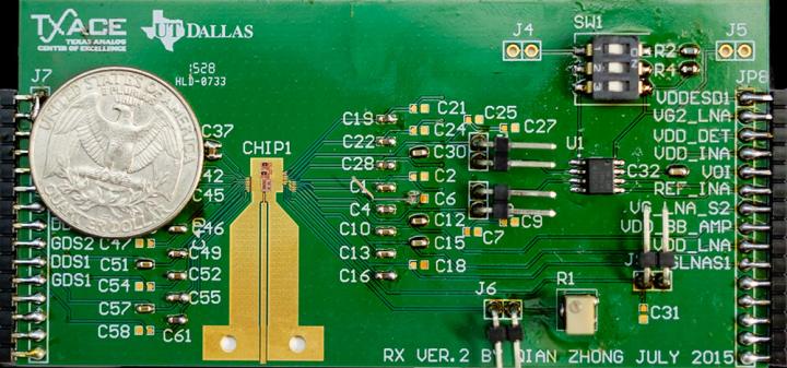 Integrated circuits like that one to the right of the quarter under the label 'CHIP1' is the key to making the electronic nose affordable. UT Dallas