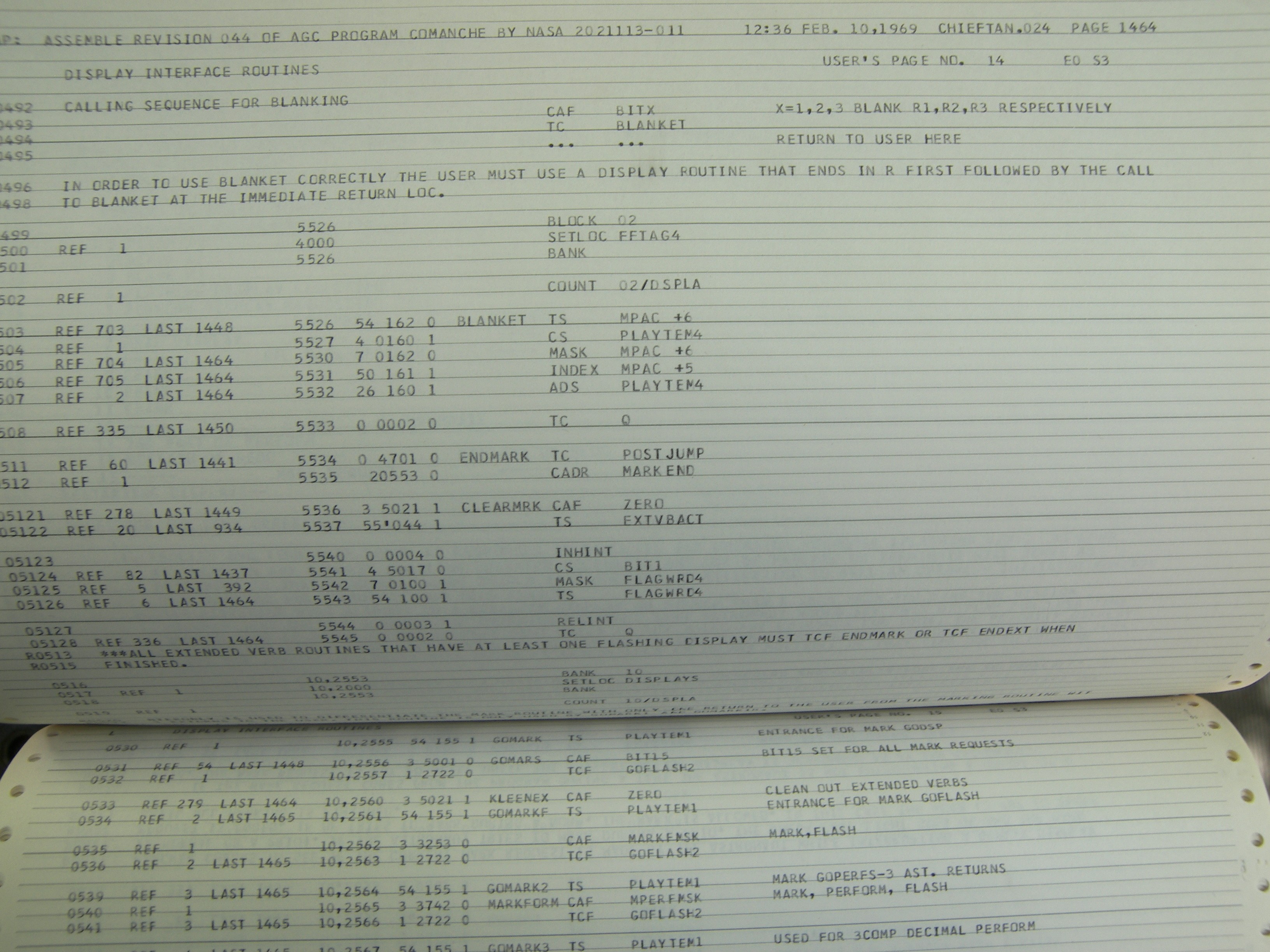 tiny part of the printout of the AGC source code (contained in one of these listings) for the on board flight software for the Apollo Guidance Computer. Credit: Margaret Hamilton