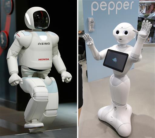 Asimo (Left) and Pepper (right). Credit: Shizuo Kambayashi, Koji Sasahara