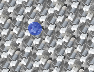 A few of the 5,000 close-packed robotic positioners that place the ends of optical fibers to collect the light from a single galaxy or quasar. The blue circle represents a patch of sky with numerous astronomical targets reachable by a single robot. In seconds it can rotate, extend, or retract to place its fiber in position with millionths of a meter precision. (Image R. Lafever, DESI Collaboration)