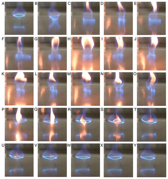 The video stills show how the blue whirl evolved from the yellow flame. Source: University of Maryland