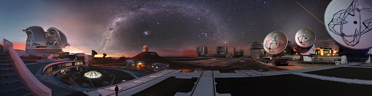 Image composition showing all the ESO observatories and the Headquarters.