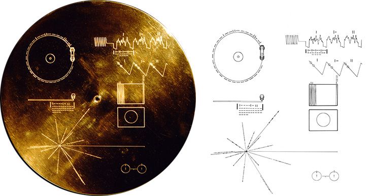 The Voyager Golden Record (Right), with the pulsar on the bottom left.