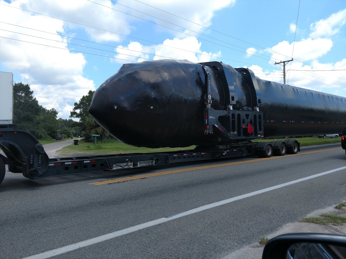 Another shot of the Falcon booster en route to McGregor, Texas. (Image Credit: Imgur user RobertBass)