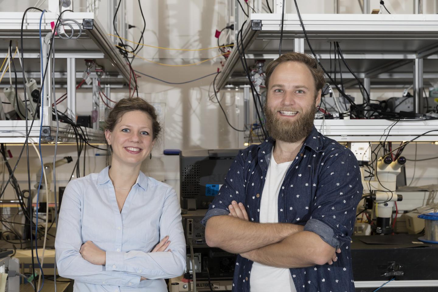  Dr Birgit Stiller (left) and Moritz Merklein (Right) in the University of Sydney's Nanoscience Hub. Image Credit: Louise Connor/University of Sydney