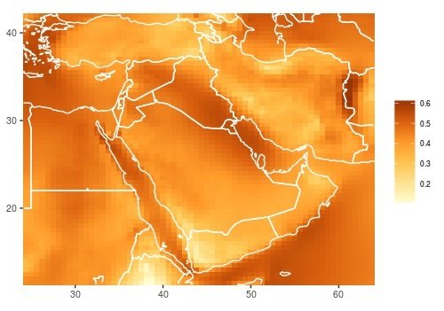This color-coded map of the Middle East region shows areas with greatest high-altitude wind energy potential. 