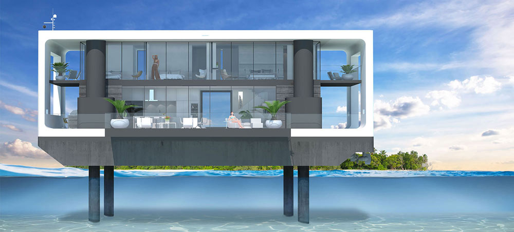 Concept image of the floating home with hydraulic legs. Image Credit: Arkup