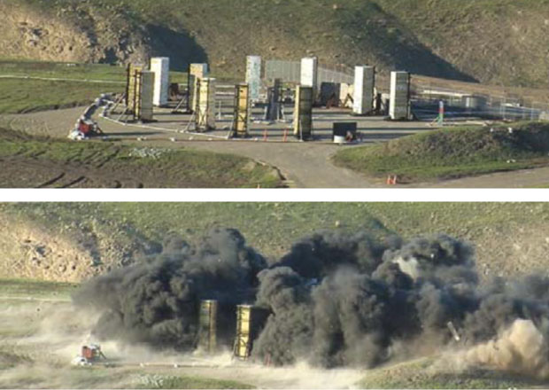 Before and after of a test conducted by the Lawrence Livermore National Laboratory using kinetic weapons, in the form of aeroshells made from carbon composite panels.