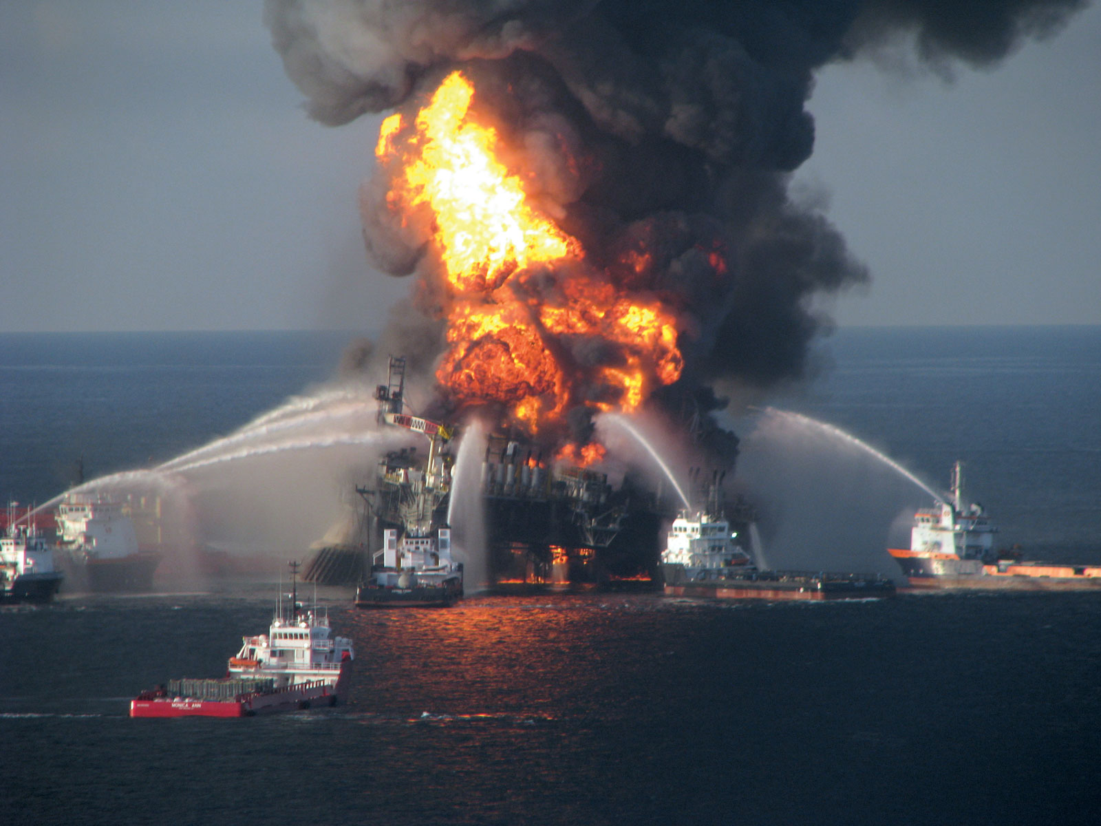 Fireboat crews attempting to extinguish the Deepwater Horizon oil rig. Image Credit: U.S. Coast Guard