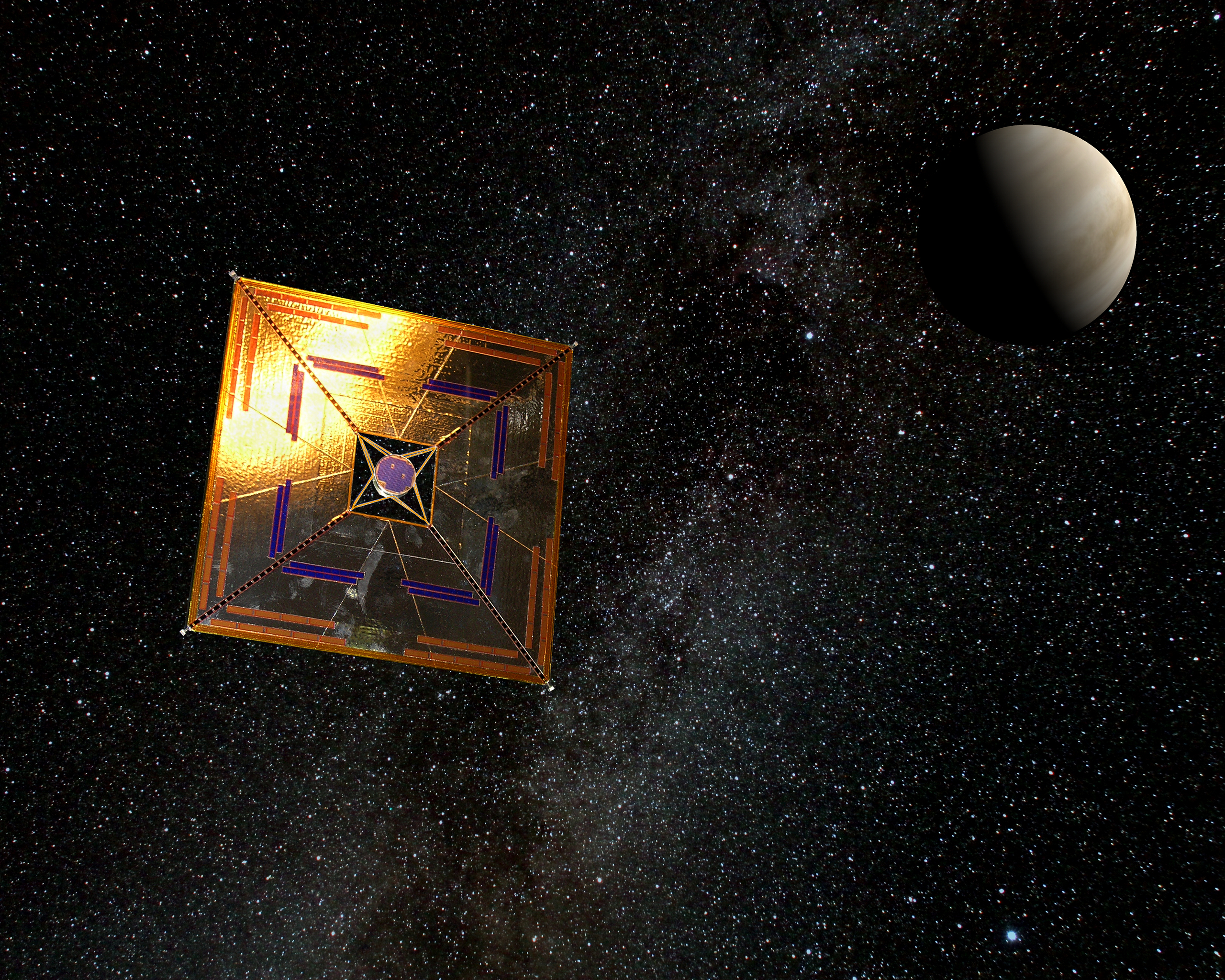 An artist's depiction of a space probe complete with a square, gold-foil solar sail, in front of a distant planet. NASA is planning one such exoplanet expedition to mark the centennial of Apollo 11.