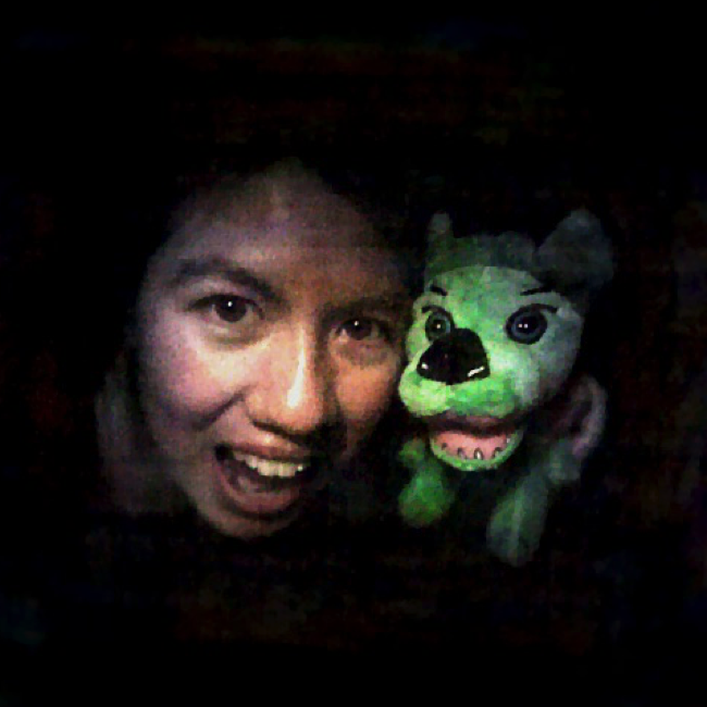 A 3D image of a woman and a green stuffed animal, created by the lensless camera DiffuserCam.