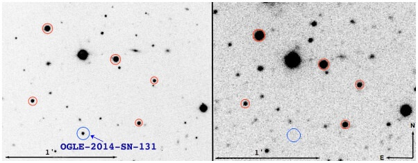 "OGLE-2014-SN-131 (blue circle) in a VLT acquisition (left), and an NTT image showing no visible host at the SN location (right)." Image Credit: Karamehmetoglu et al.