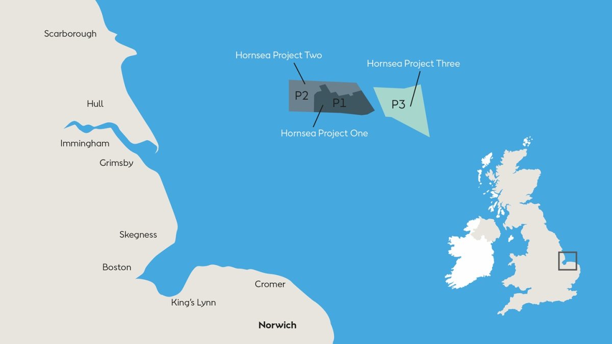A conceptual map showing the location of Hornsea Projects One, Two, and Three. Image Credit: Orsted