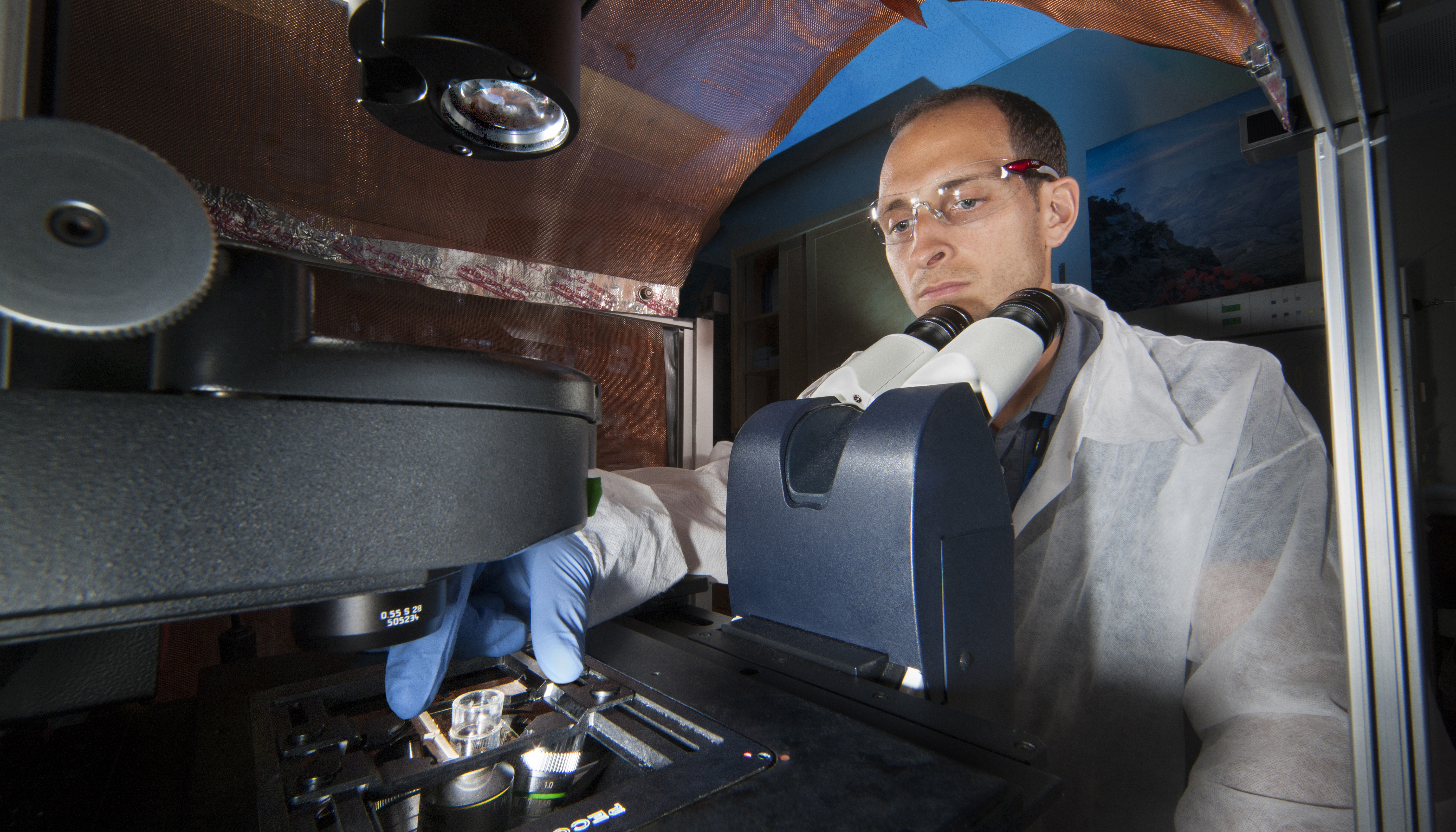 Lawrence Livermore National Laboratory research engineer Dave Soscia examines the brain-on-a chip device under a microscope. 