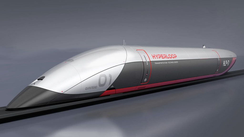 An artists representation of a hyperloop train, a streamlined bullet-shaped feature in color blocked silver and slate, with a red stripe. We may see the first hyperloop track announced in the coming year.