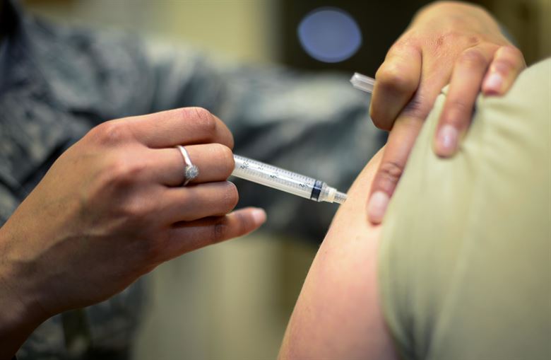 U.S. Air Force member receives a flu shot.