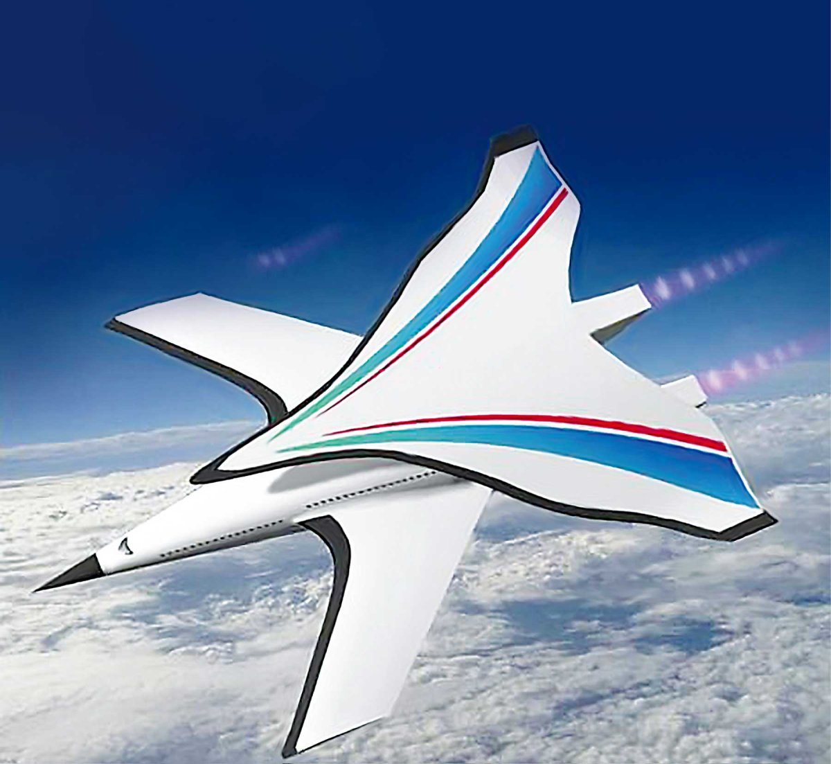 An artist's depection of the I Plane, a hypersonic plane being developed by China. It features a highly pointed nose with two sets of wings.