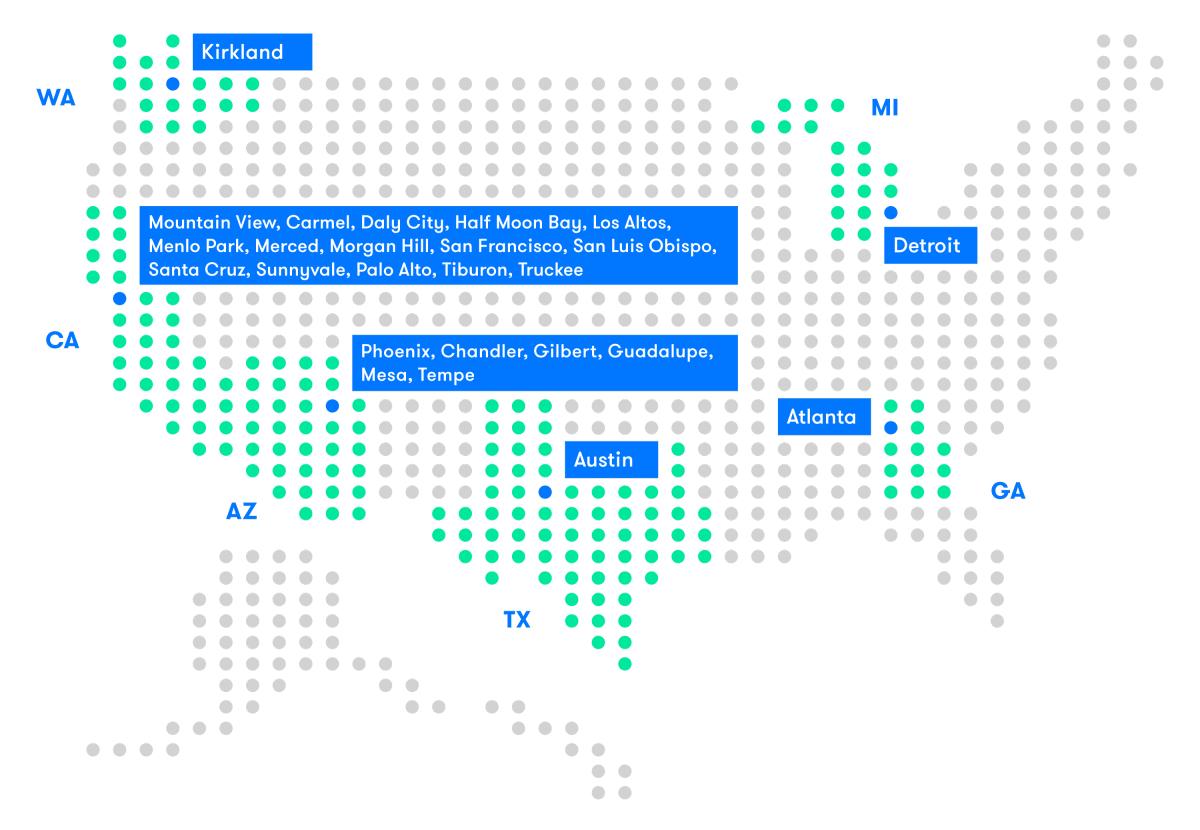 A map showing all the cities operating vehicles in the Waymo self-driving car fleet, including Kirkland WA, Detroit MI, Atlanta GA, Austin TX, and multiple cities in Arizona and California.