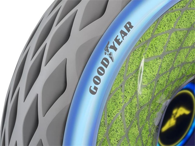 Close up image of Goodyear's Oxygene tire with blue light up strip. Image Credit: Goodyear