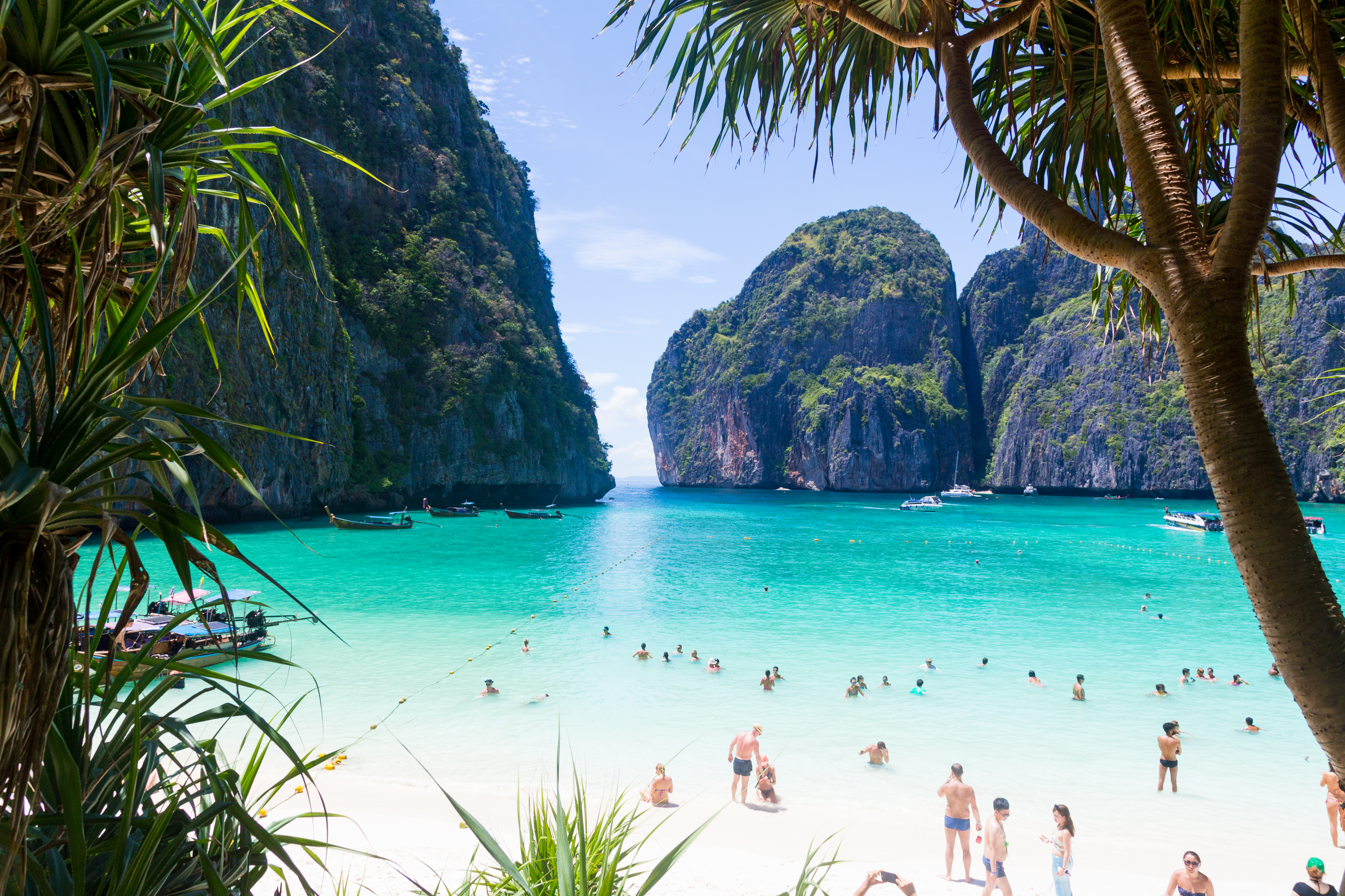 Thailand's Maya Bay, a white sand beach with turquoise water ringed by mountains. This is one of many beaches being closed thanks to climate change.