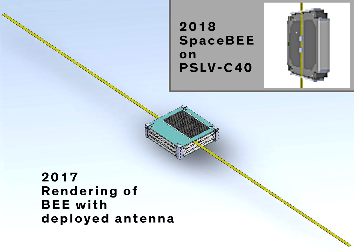 Rendering of the SpaceBEE, one of the small satellites the FCC has had trouble regulating; a blue box about the size of a slice of bread.