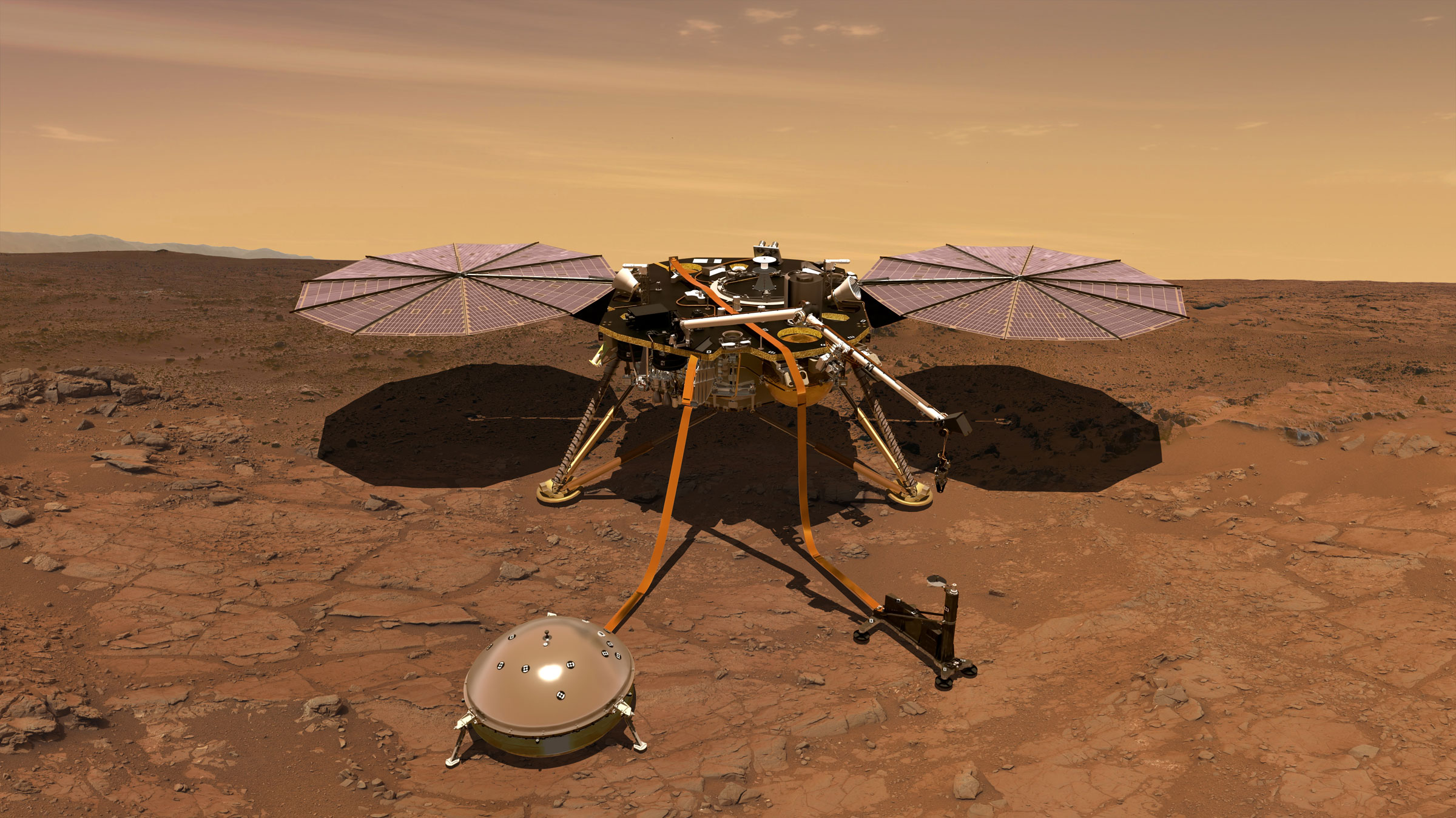 An artist's conception of the Insight Mars lander carrying out surface operations. 