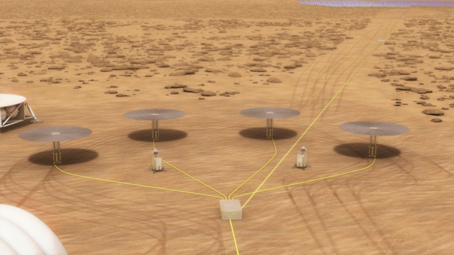 An artist's depiction of the Kilopower nuclear reactor, with a mushroom-like shape, working in concert with others on a reddish surface, presumably Mars.
