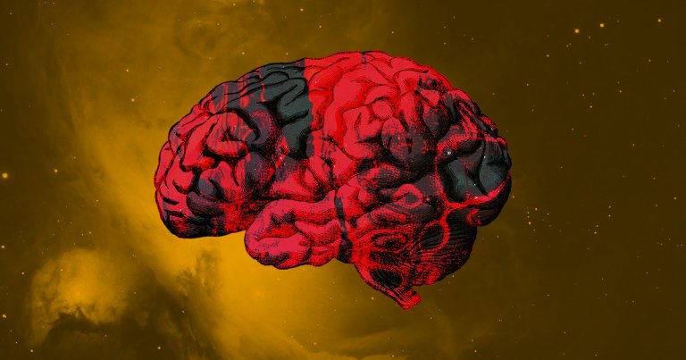 A brain floating against a space scene background.