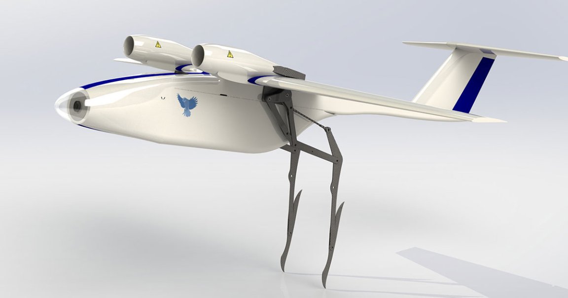 Passerine's drone uses its bird-like legs to jump into the air, overcoming a design flaw that plagues many other fixed-winged aircraft.