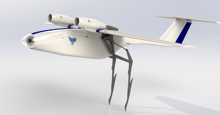Passerine's drone uses its bird-like legs to jump into the air, overcoming a design flaw that plagues many other fixed-winged aircraft.