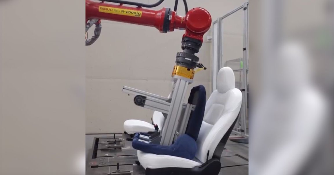 The electric car maker just showed off its jeans-wearing butt robot that tests its Model 3 seats in a showcase on Twitter.