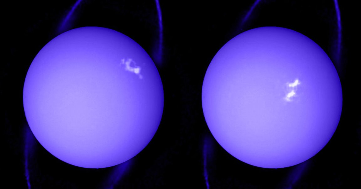 A newly released image taken by Hubble provides a stunning view of the massive storm currently covering the north pole of Uranus.