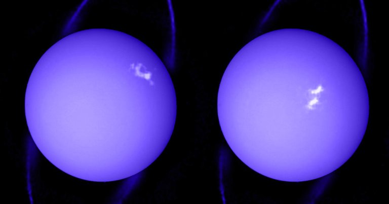 A newly released image taken by Hubble provides a stunning view of the massive storm currently covering the north pole of Uranus.