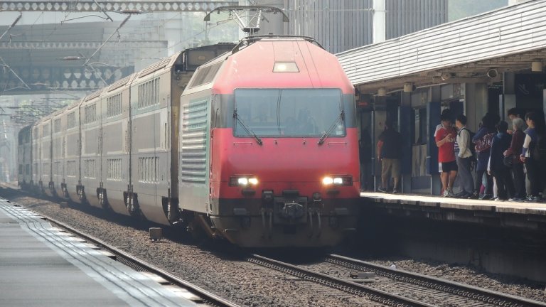 A train pulls into a station in Hong Kong.