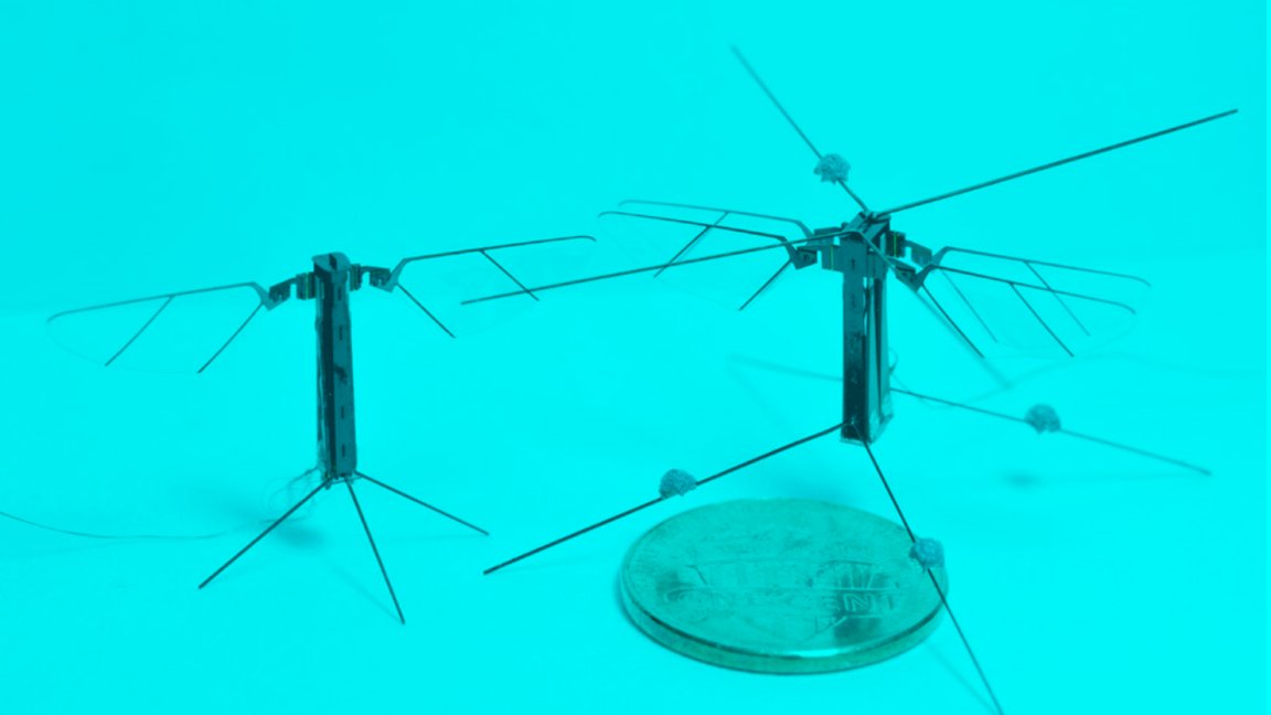 A team of engineers built a four-winged flying robot called Bee+ that weighs just 95 grams with a footprint smaller than a penny.