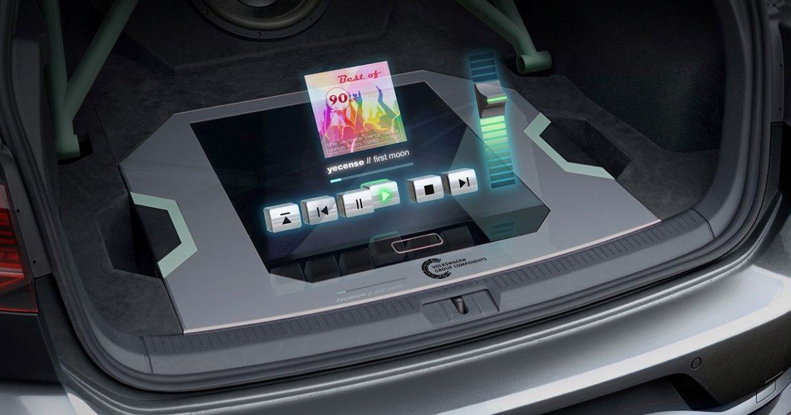 Volkswagen's futuristic Golf GTI Aurora concept has a high-end sound system in its trunk that can be operated through a hologram.