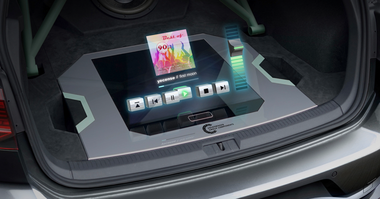 Volkswagen's futuristic Golf GTI Aurora concept has a high-end sound system in its trunk that can be operated through a hologram.