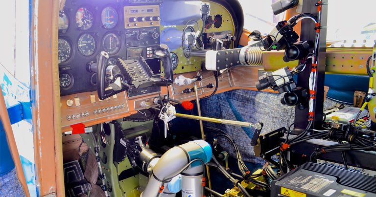 The Air Force built a robot called ROBOpilot that can take off, fly, and land existing planes without help from a human pilot.